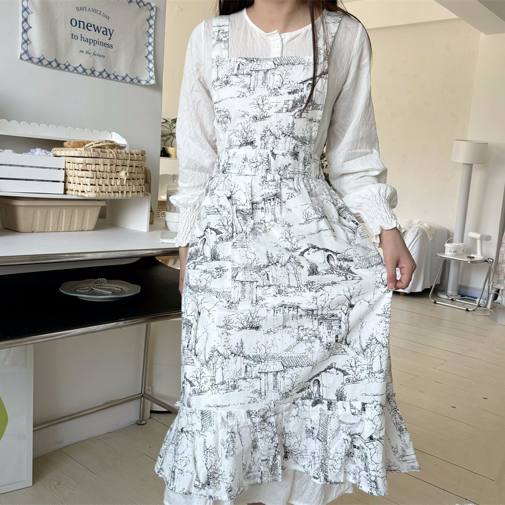Gardening Tools Women - Women Ruffles Apron Cotton Ink Painting